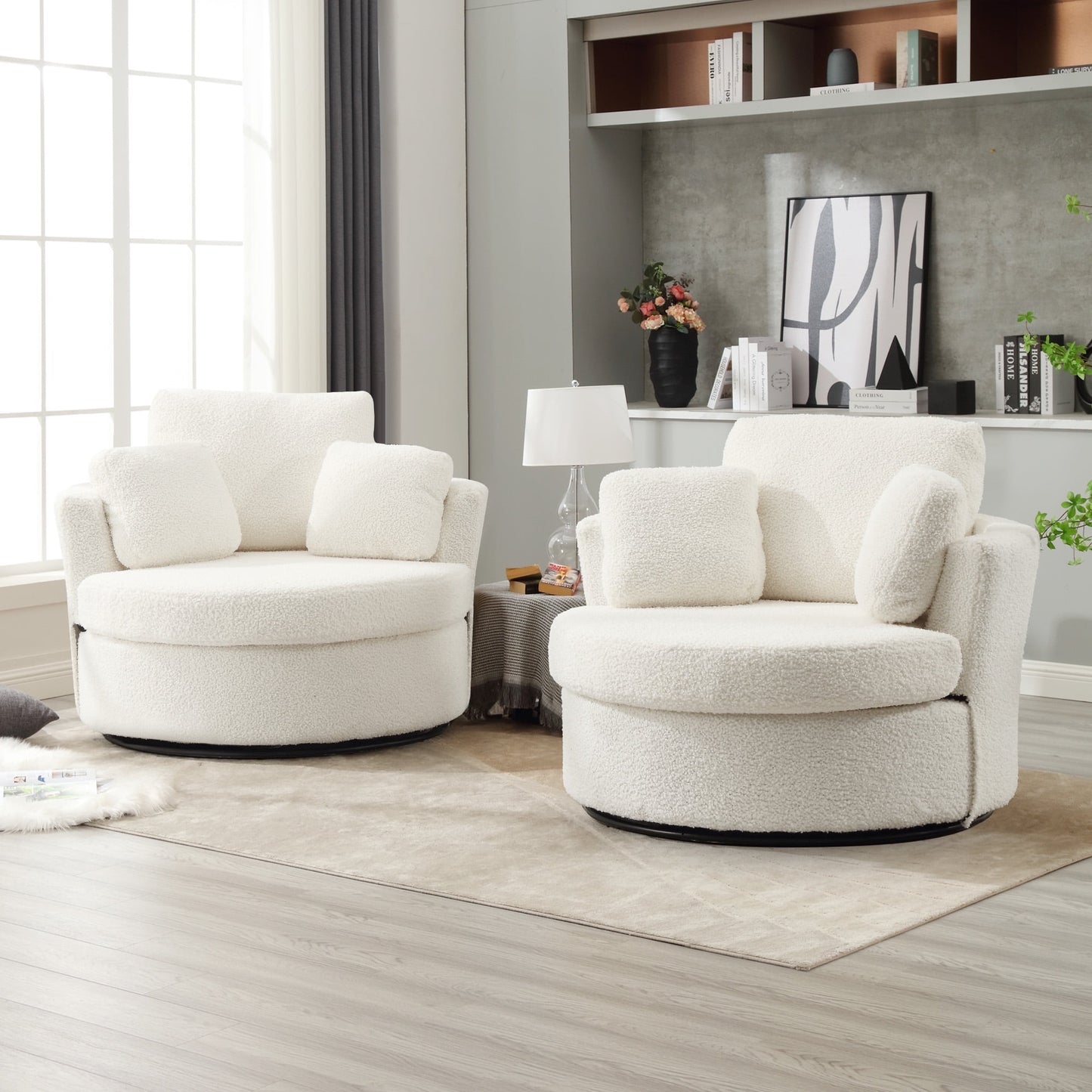 Muumblus Teddy Swivel Accent Chair Barrel Chair, Oversized Comfy Armchair with Pillows, Modern Leisure Sofa Chair for Living Room Bedroom, Ivory