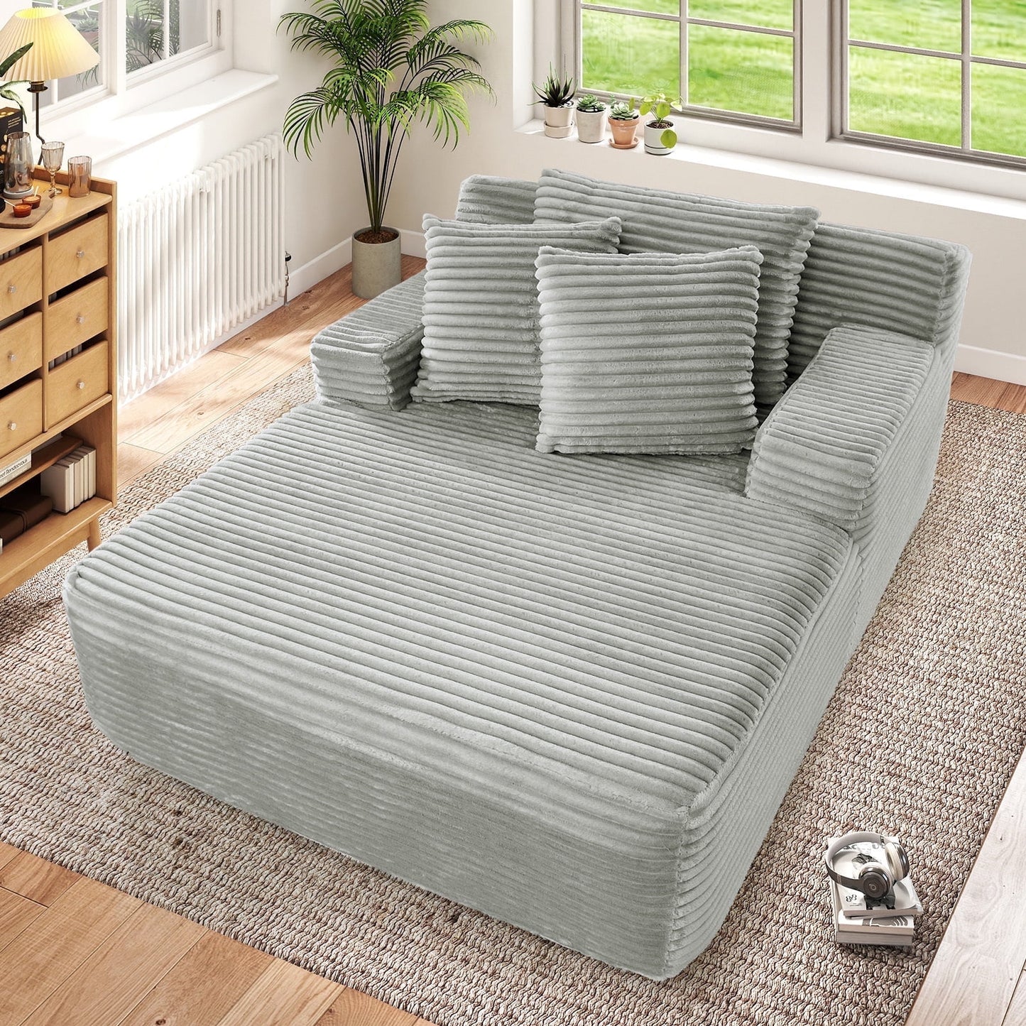 Muumblus Oversized Chaise Lounge Chair Indoor, No Assembly Required, Plush Corduroy Cloud Floor Sofa Bed for Living Room