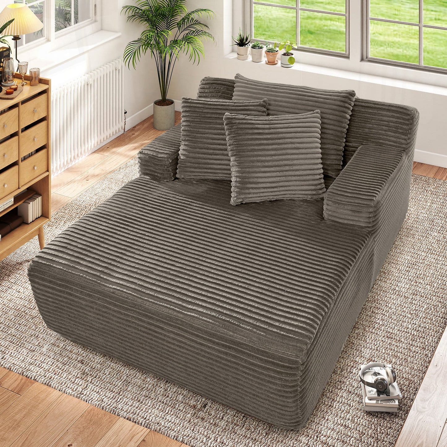 Muumblus Oversized Chaise Lounge Chair Indoor, No Assembly Required, Plush Corduroy Cloud Floor Sofa Bed for Living Room