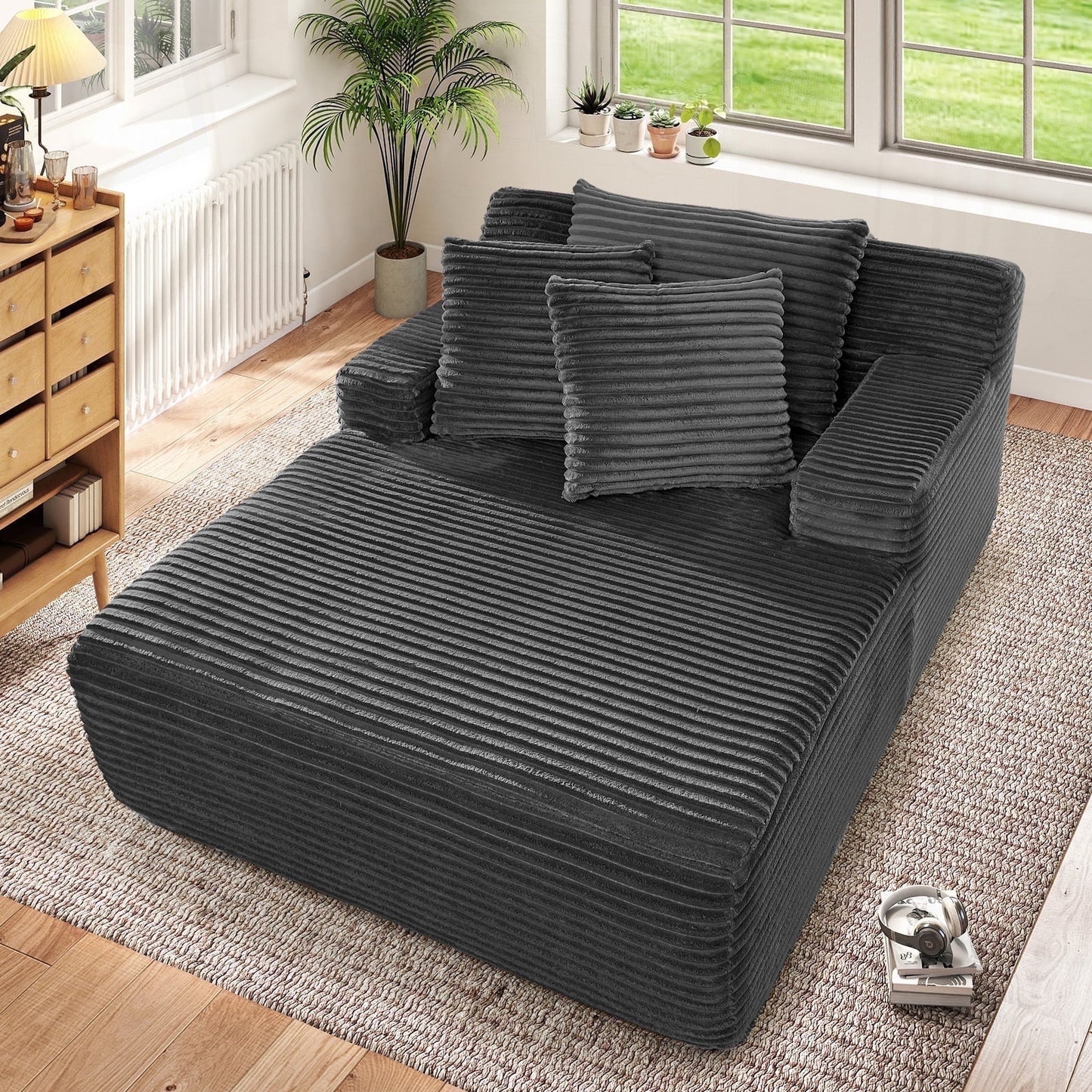 Muumblus Oversized Chaise Lounge Chair Indoor, No Assembly Required, Plush Corduroy Cloud Floor Sofa Bed for Living Room