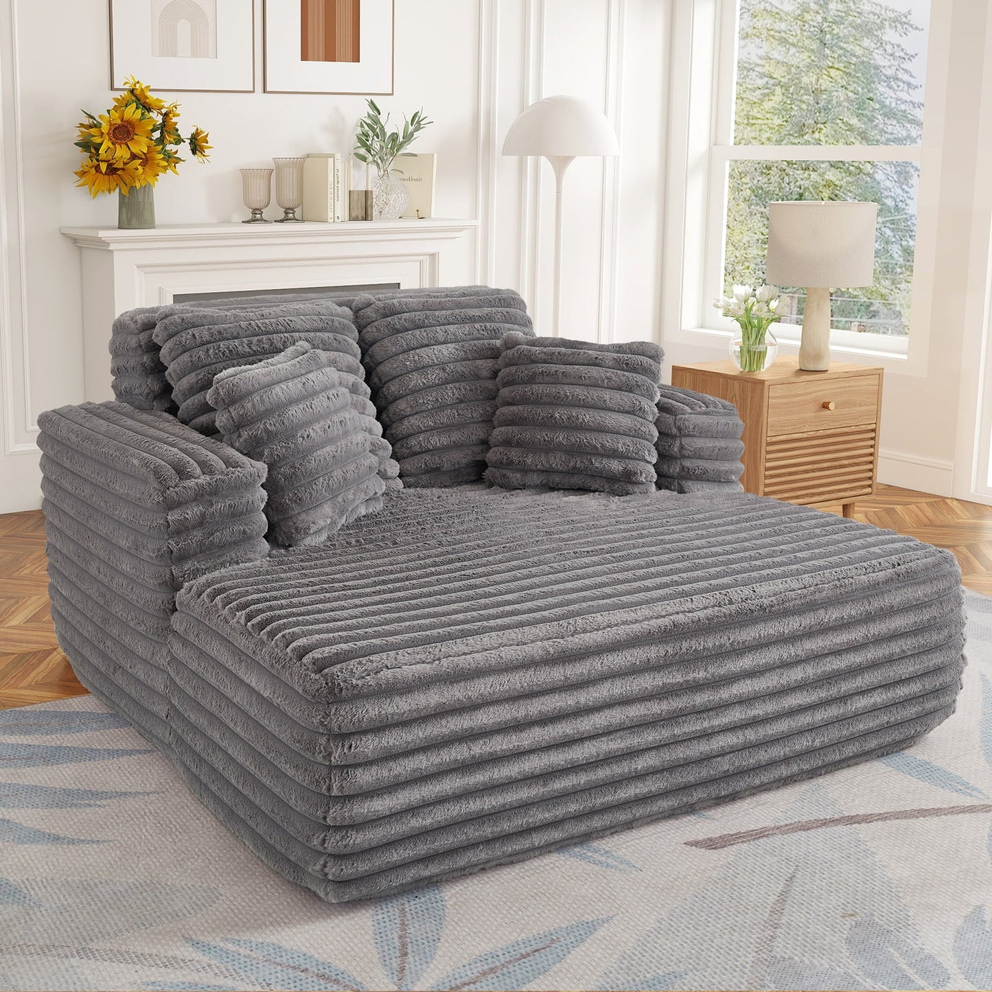 Muumblus Oversized Chaise Lounge Chair Indoor Furniture, No Assembly Required, Plush Corduroy Upholstered Sofa Bed Cozy Sleeper Couch for Living Room, Bedroom