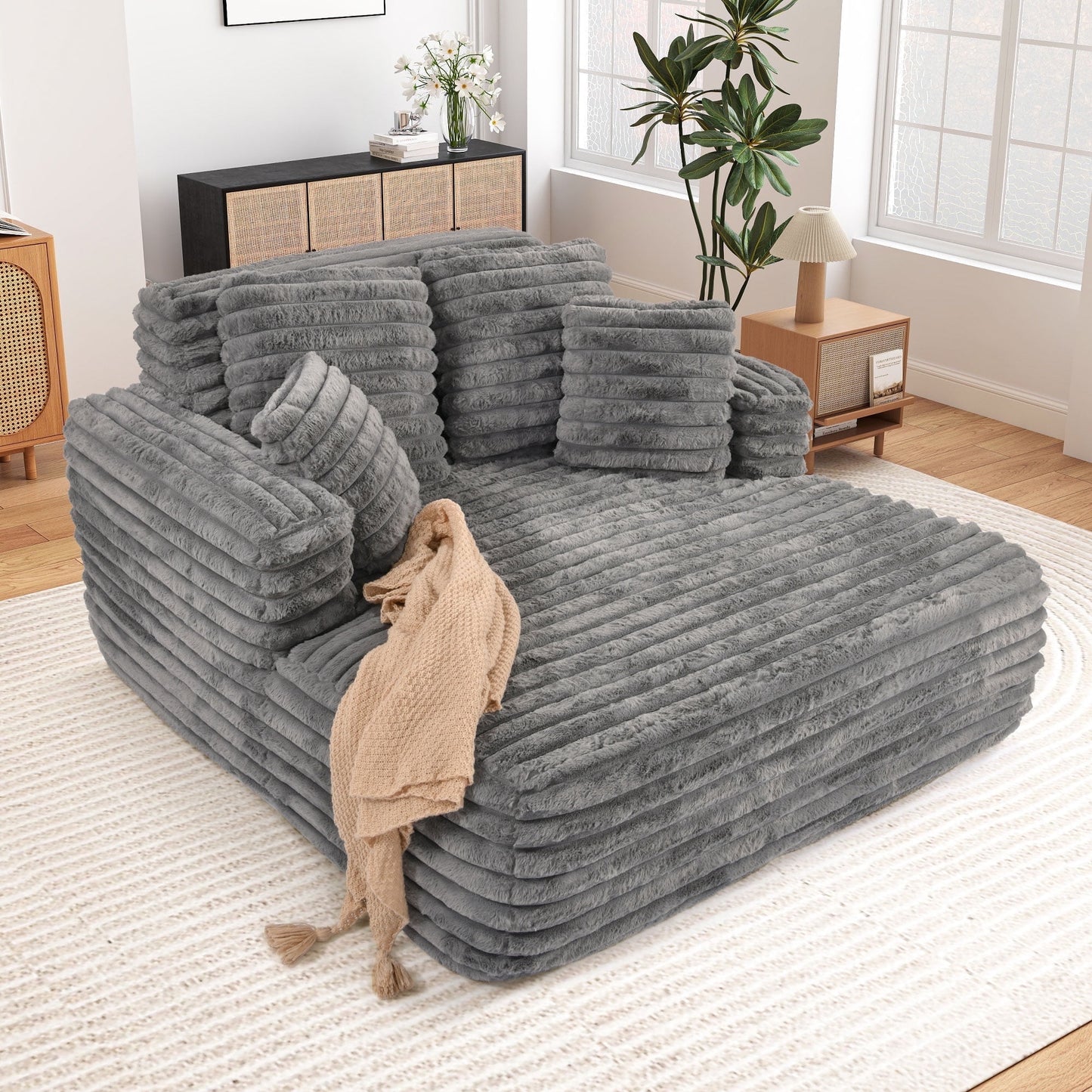 Muumblus Oversized Chaise Lounge Chair Indoor Furniture, No Assembly Required, Plush Corduroy Upholstered Sofa Bed Cozy Sleeper Couch for Living Room, Bedroom