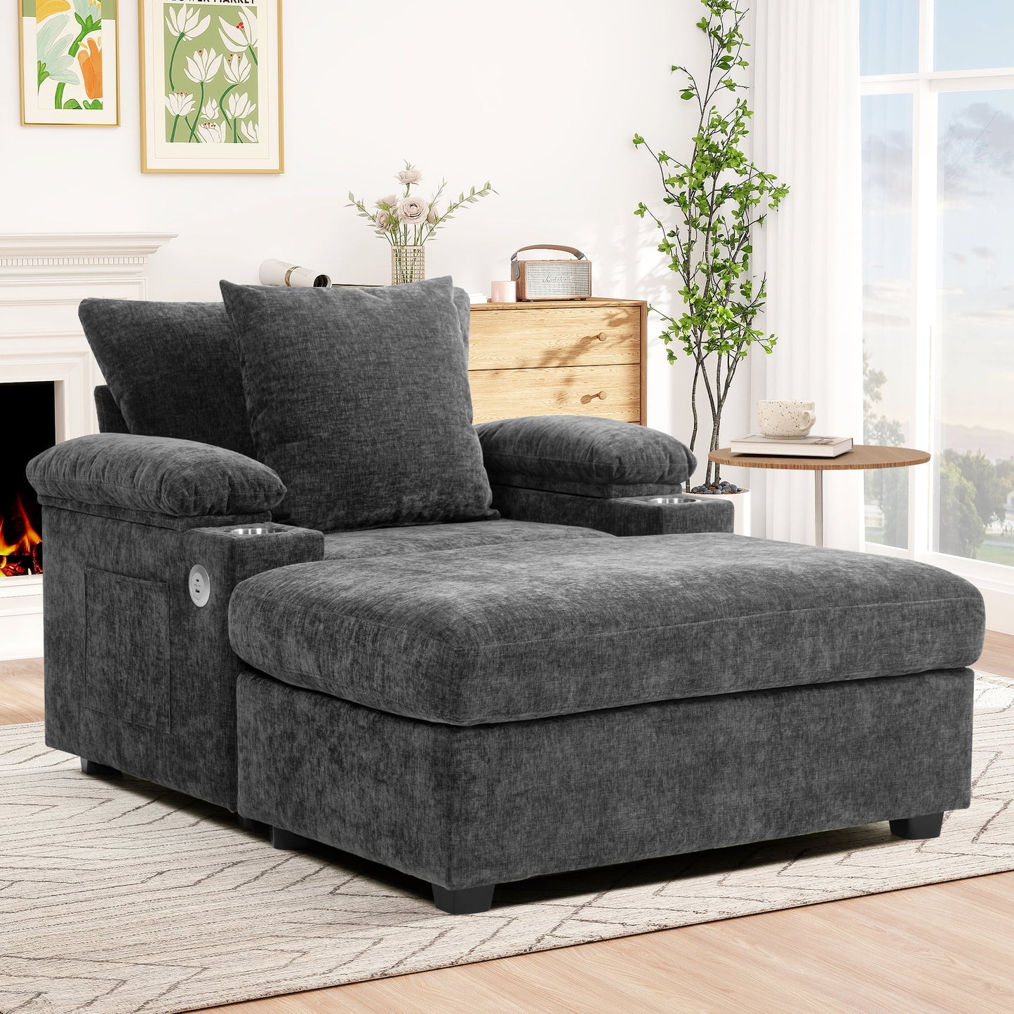 Muumblus Accent Chair with USB & Storage Arms, Cozy Indoor Lounge Chair with Ottoman