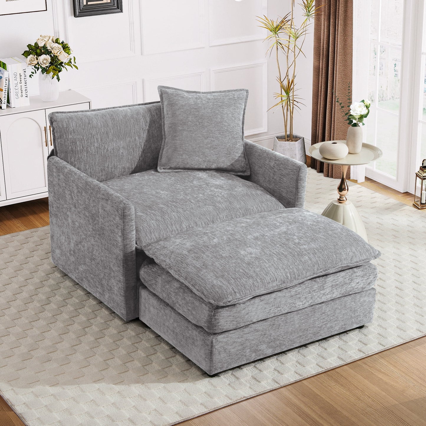 Muumblus Oversized Lounge Chair with Ottoman, Cloud Accent Armchair in Beige Chenille
