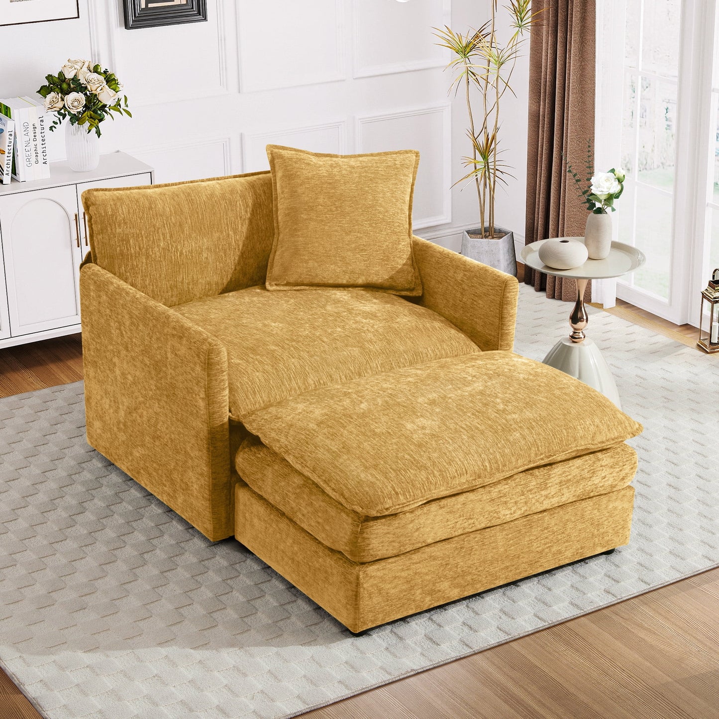 Muumblus Oversized Lounge Chair with Ottoman, Cloud Accent Armchair in Beige Chenille
