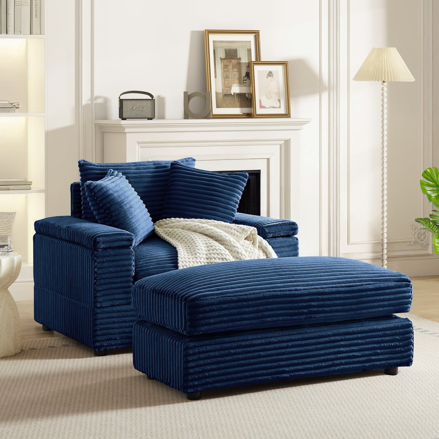 Muumblus Oversized Lounge Chair with Ottoman, Cloud Accent Reading Armchair for Living Room, White Chenille