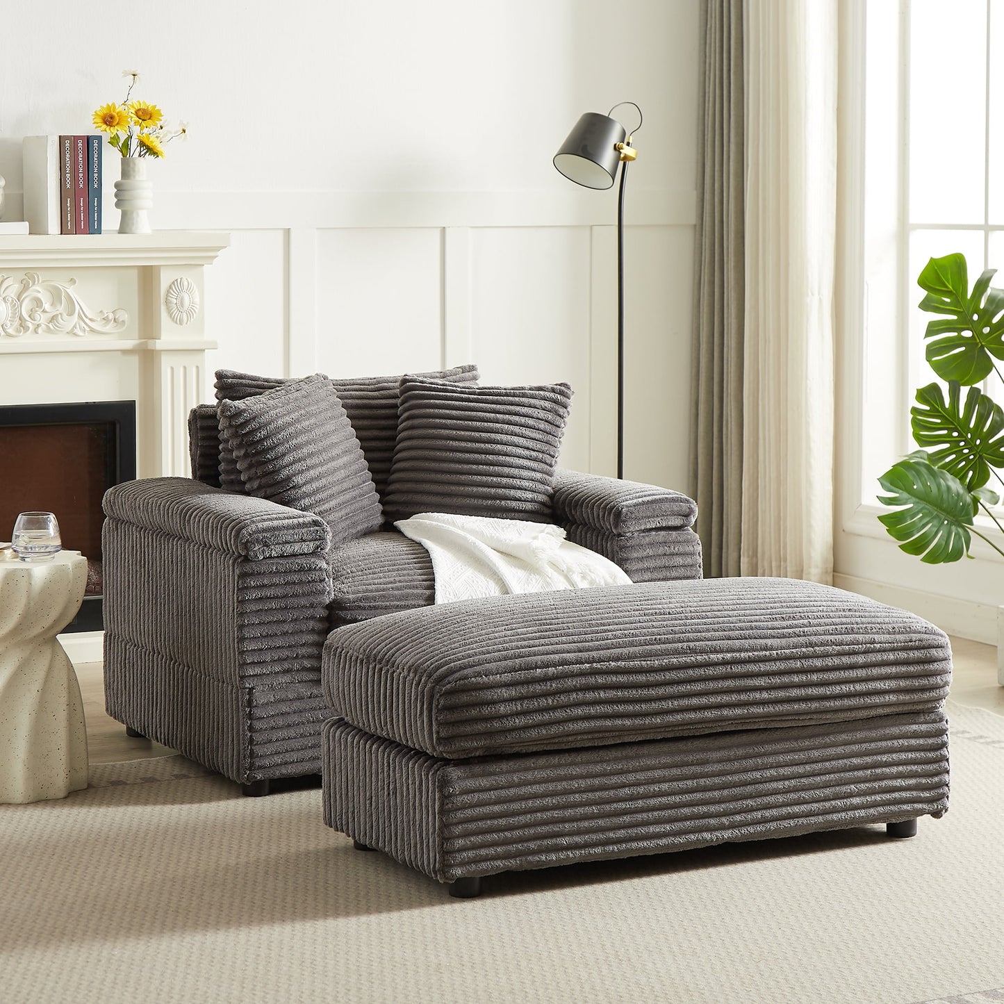 Muumblus Oversized Lounge Chair with Ottoman, Cloud Accent Reading Armchair for Living Room, White Chenille