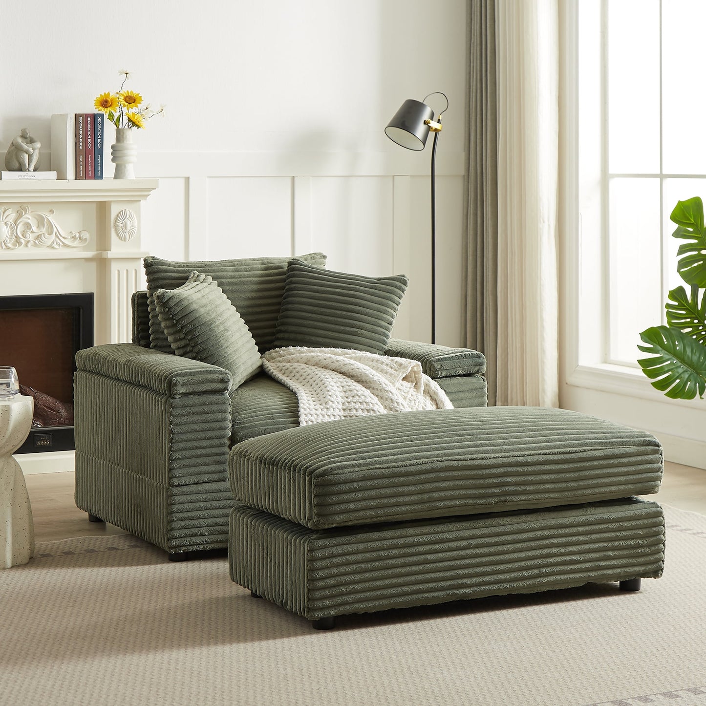 Muumblus Oversized Lounge Chair with Ottoman, Cloud Accent Reading Armchair for Living Room, White Chenille