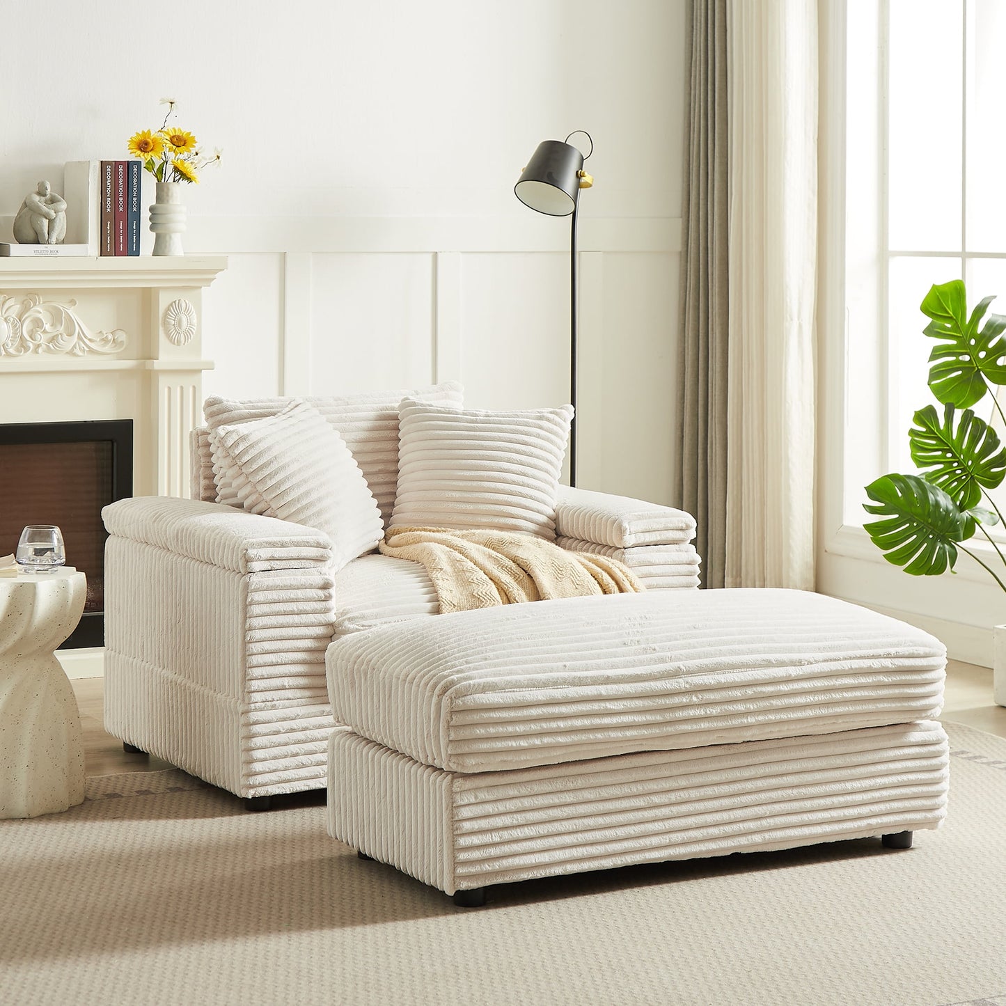 Muumblus Oversized Lounge Chair with Ottoman, Cloud Accent Reading Armchair for Living Room, White Chenille