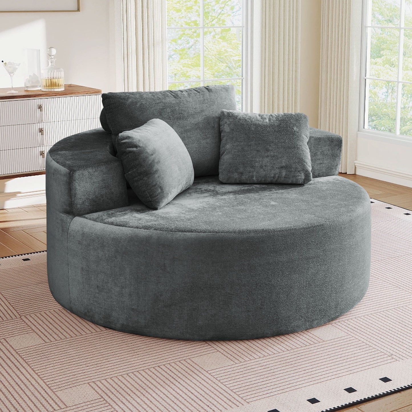 Muumblus Oversized Round Lounge Chaise Chair Indoor,Corduroy Boneless Cloud Couch with 3 Pillows, No Assembly Required, Modern Accent Chair for Living Room, Beige Chenille