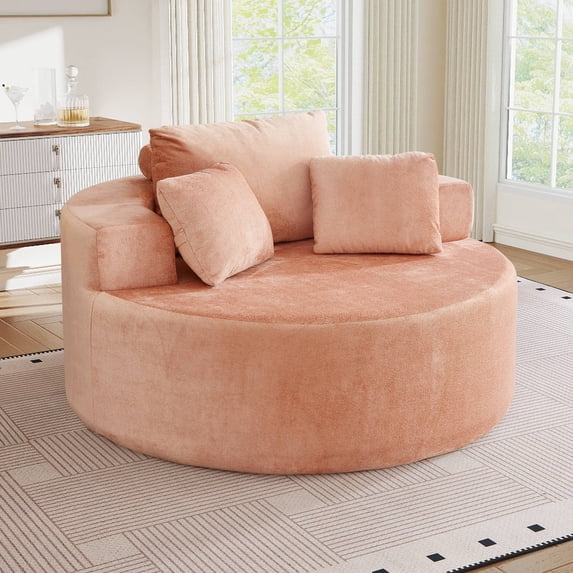 Muumblus Oversized Round Lounge Chaise Chair Indoor,Corduroy Boneless Cloud Couch with 3 Pillows, No Assembly Required, Modern Accent Chair for Living Room, Beige Chenille