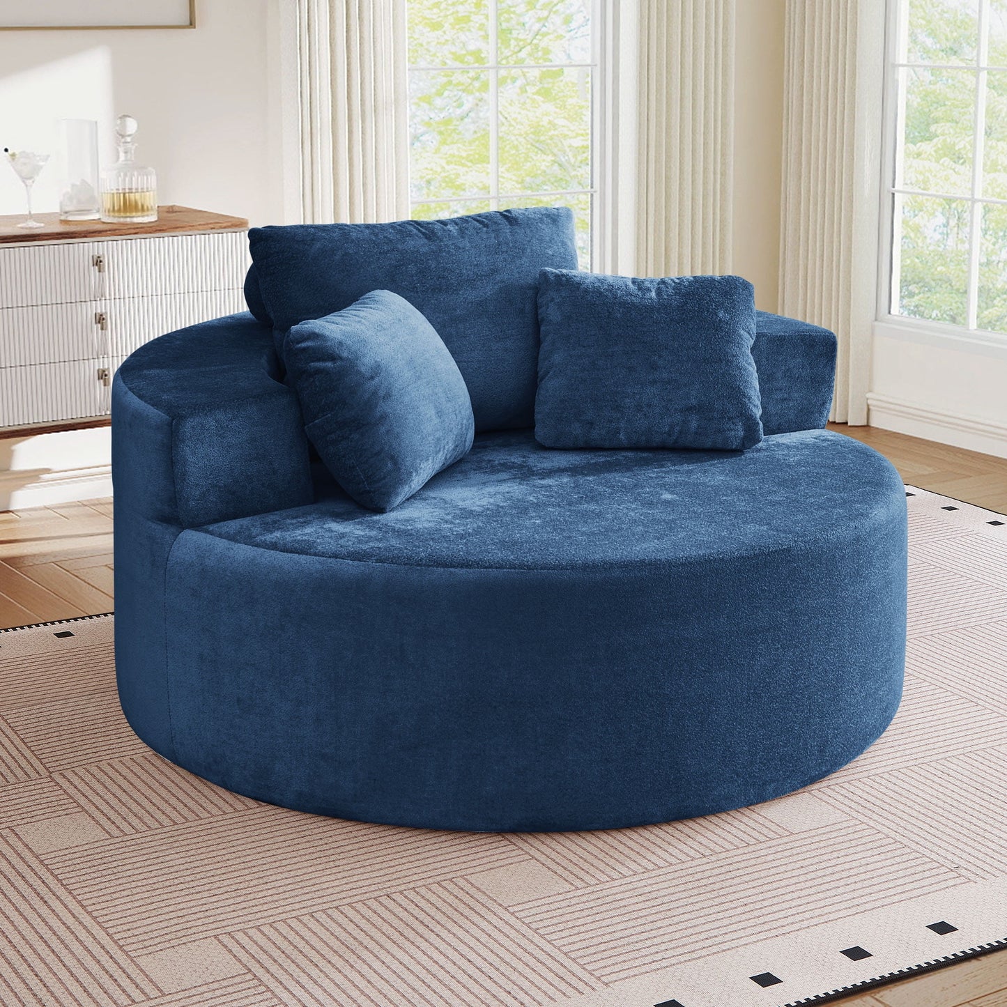 Muumblus Oversized Round Lounge Chaise Chair Indoor,Corduroy Boneless Cloud Couch with 3 Pillows, No Assembly Required, Modern Accent Chair for Living Room, Beige Chenille