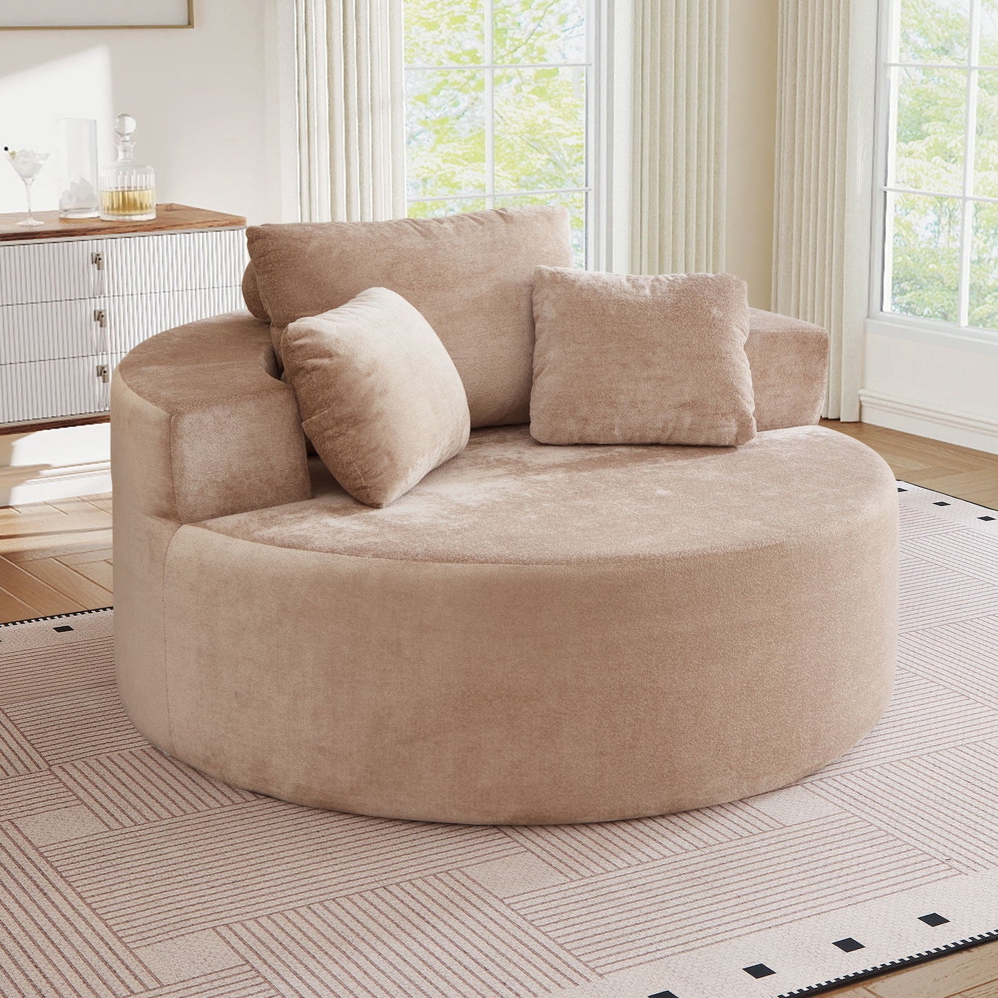Muumblus Oversized Round Lounge Chaise Chair Indoor,Corduroy Boneless Cloud Couch with 3 Pillows, No Assembly Required, Modern Accent Chair for Living Room, Beige Chenille