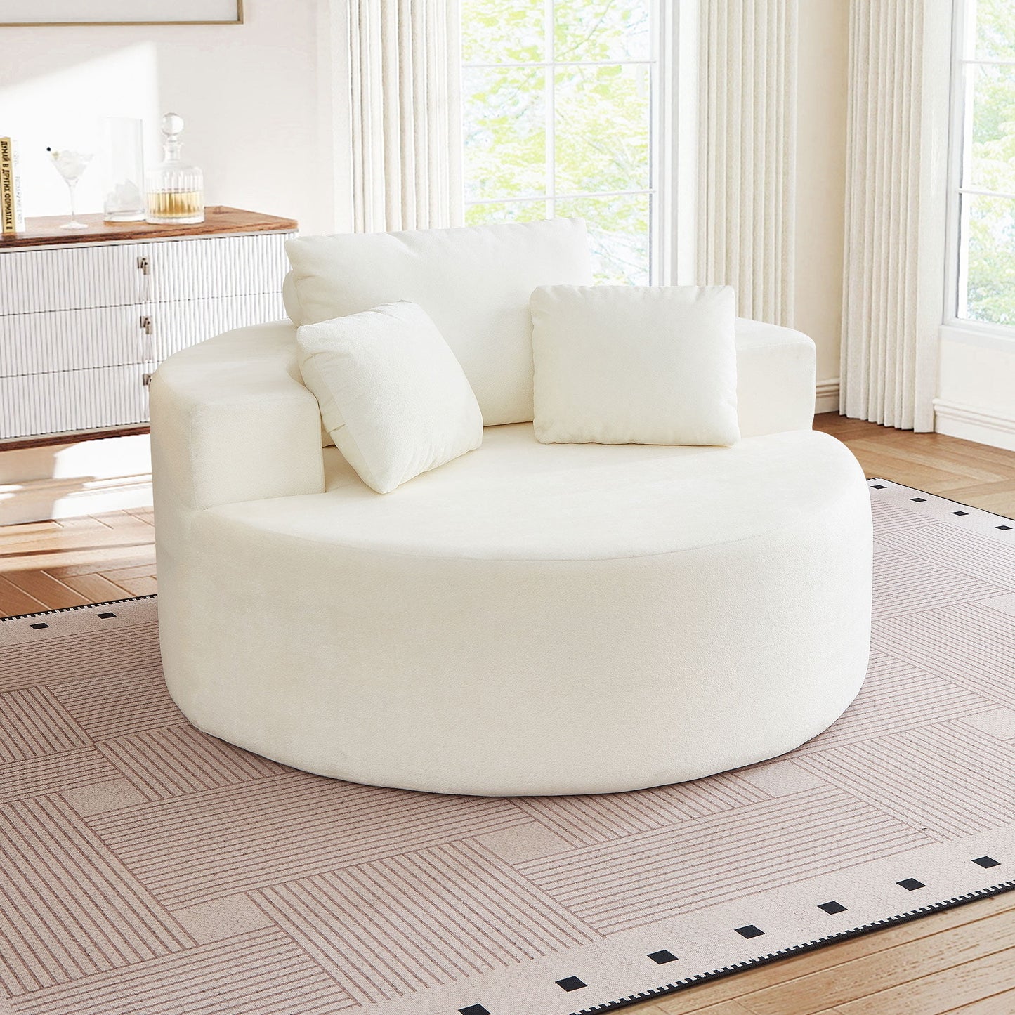 Muumblus Oversized Round Lounge Chaise Chair Indoor,Corduroy Boneless Cloud Couch with 3 Pillows, No Assembly Required, Modern Accent Chair for Living Room, Beige Chenille