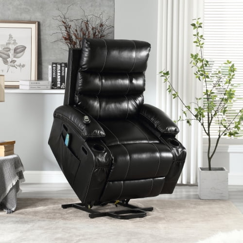 Muumblus Power Lift Recliner Chair, Lift Chair For Elderly, Power Recliner with Massage and Heat, Faux Leather Recliner Chair with Cup Holders, Power Lift Recliner for Living Room, Black