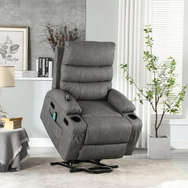 Muumblus Power Lift Recliner Chair, Lift Chair For Elderly, Power Recliner with Massage and Heat, Faux Leather Recliner Chair with Cup Holders, Power Lift Recliner for Living Room, Black