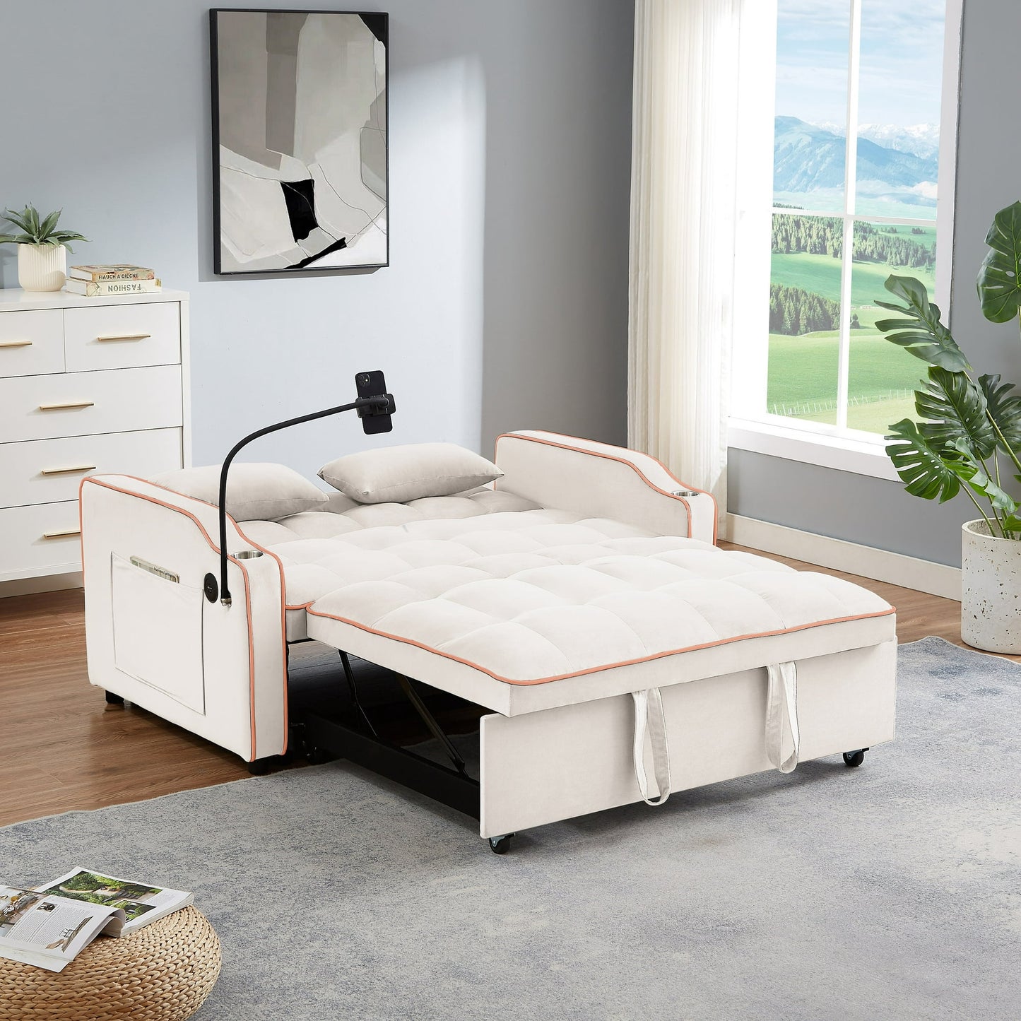 Muumblus Pull Out Sofa Bed, 3-in-1 Convertible Sofa Bed, Modern 2 Seater Sofa Bed with USB Port and Cup Holders/Ashtray, Velvet Loveseat Sleeper for Living Room, Small Spaces, Beige