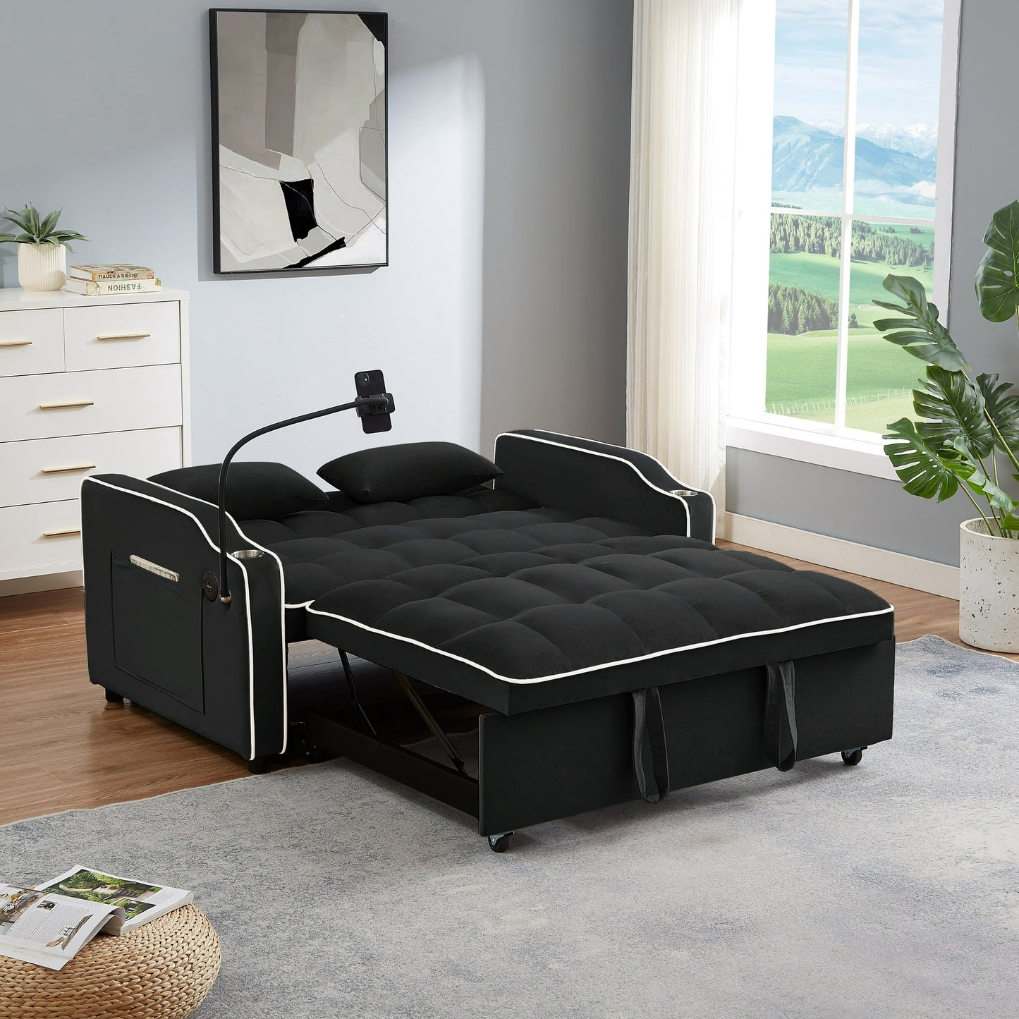 Muumblus Pull Out Sofa Bed, 3-in-1 Convertible Sofa Bed, Modern 2 Seater Sofa Bed with USB Port and Cup Holders/Ashtray, Velvet Loveseat Sleeper for Living Room, Small Spaces, Beige
