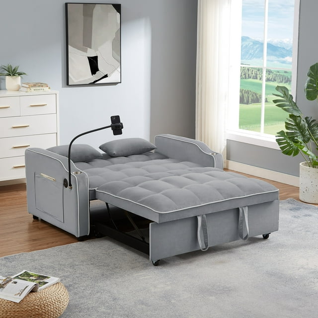 Muumblus Pull Out Sofa Bed, 3-in-1 Convertible Sofa Bed, Modern 2 Seater Sofa Bed with USB Port and Cup Holders/Ashtray, Velvet Loveseat Sleeper for Living Room, Small Spaces, Beige