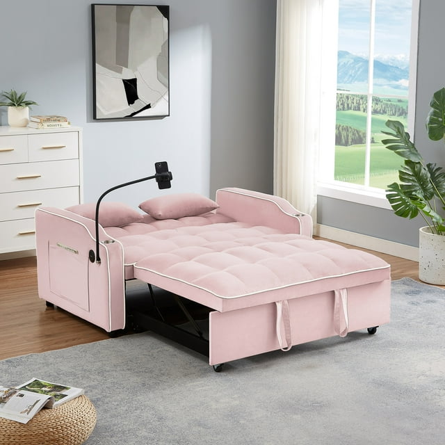 Muumblus Pull Out Sofa Bed, 3-in-1 Convertible Sofa Bed, Modern 2 Seater Sofa Bed with USB Port and Cup Holders/Ashtray, Velvet Loveseat Sleeper for Living Room, Small Spaces, Beige