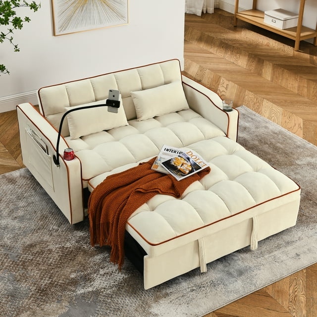 Muumblus Pull Out Sofa Bed with Swivel Phone Stand, USB Port, 3-in-1 Convertible Futon Sofa Bed, Loveseat Sleeper for Living Room/Apratment, Gray Velvet