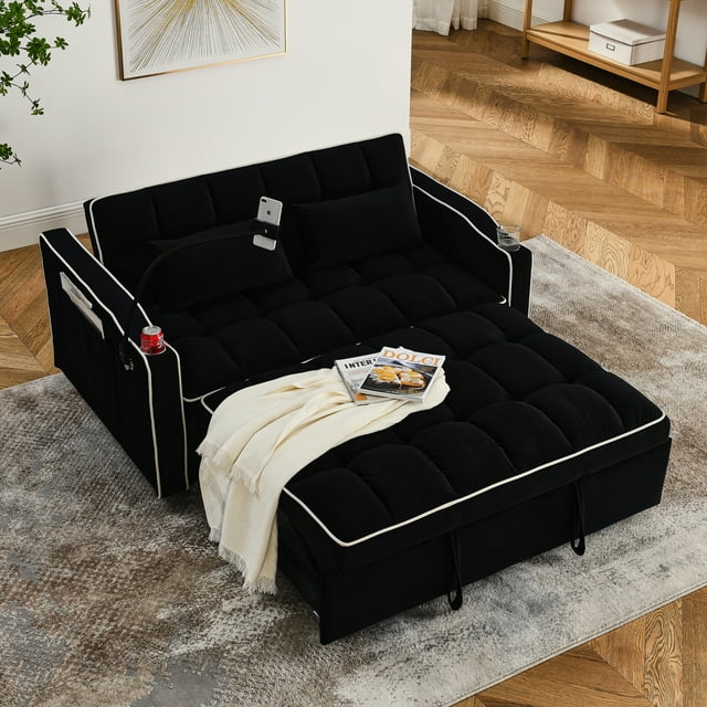 Muumblus Pull Out Sofa Bed with Swivel Phone Stand, USB Port, 3-in-1 Convertible Futon Sofa Bed, Loveseat Sleeper for Living Room/Apratment, Gray Velvet