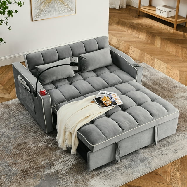 Muumblus Pull Out Sofa Bed with Swivel Phone Stand, USB Port, 3-in-1 Convertible Futon Sofa Bed, Loveseat Sleeper for Living Room/Apratment, Gray Velvet