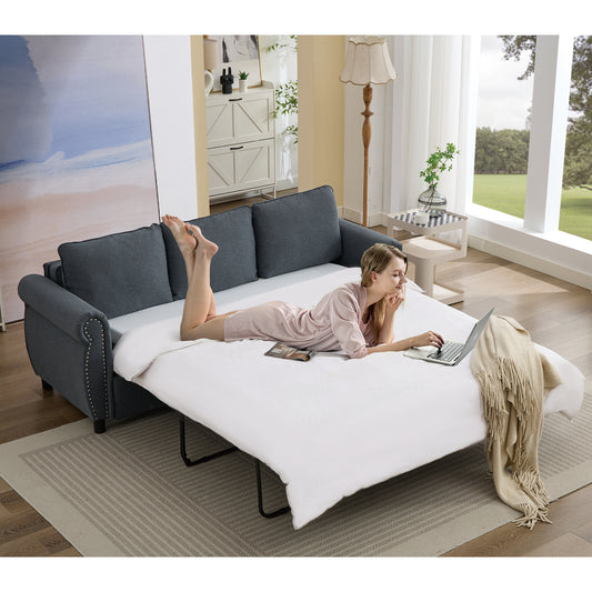Muumblus Queen Size Pull Out Sofa Bed, 2-in-1 Convertible Sleeper Couches with Memory Foam Mattress, 3 Seat Sleeper Couch Beds for Living Room, Dark Gray