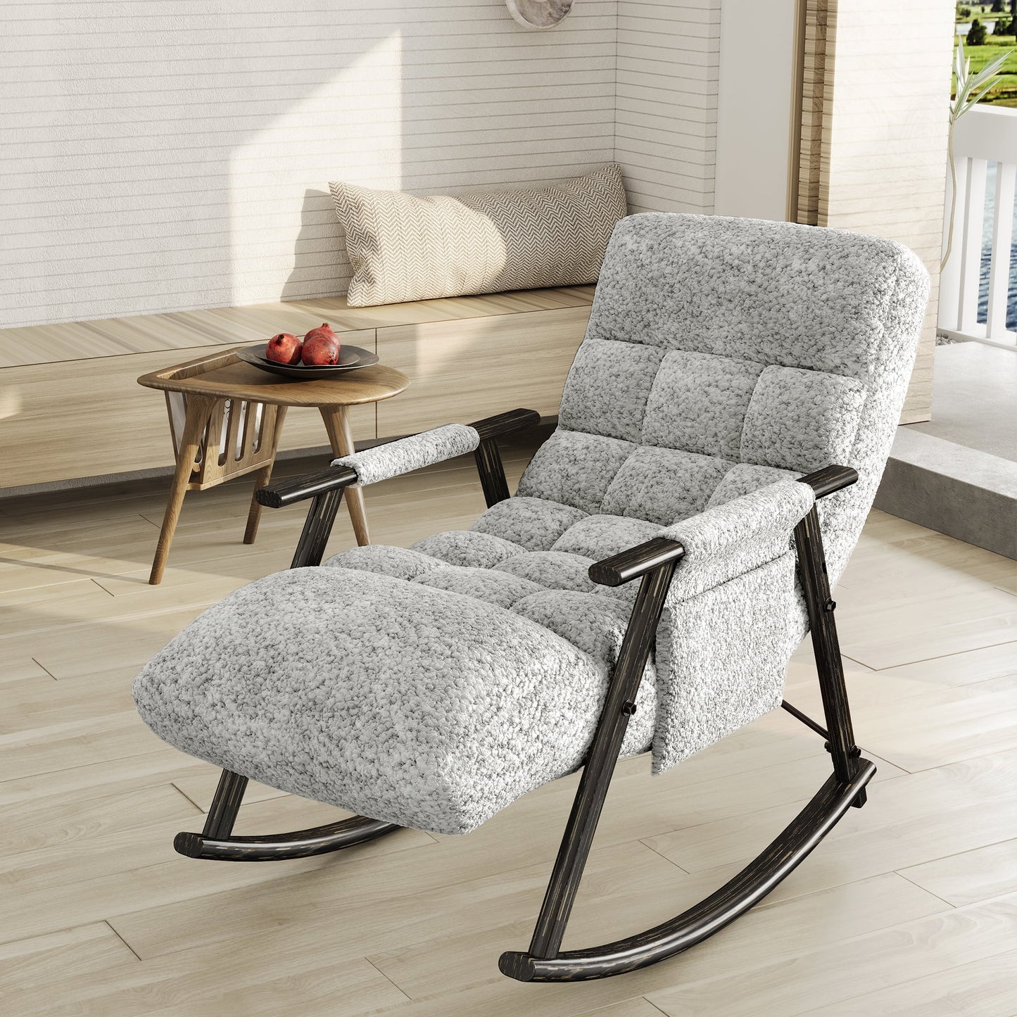 Muumblus Rocking Chaise Lounge Indoor, Upholstered Glider Rocking Chair, Adjustable Back and Footrest, Rocker Recliner for Living Room Bedroom, White Teddy