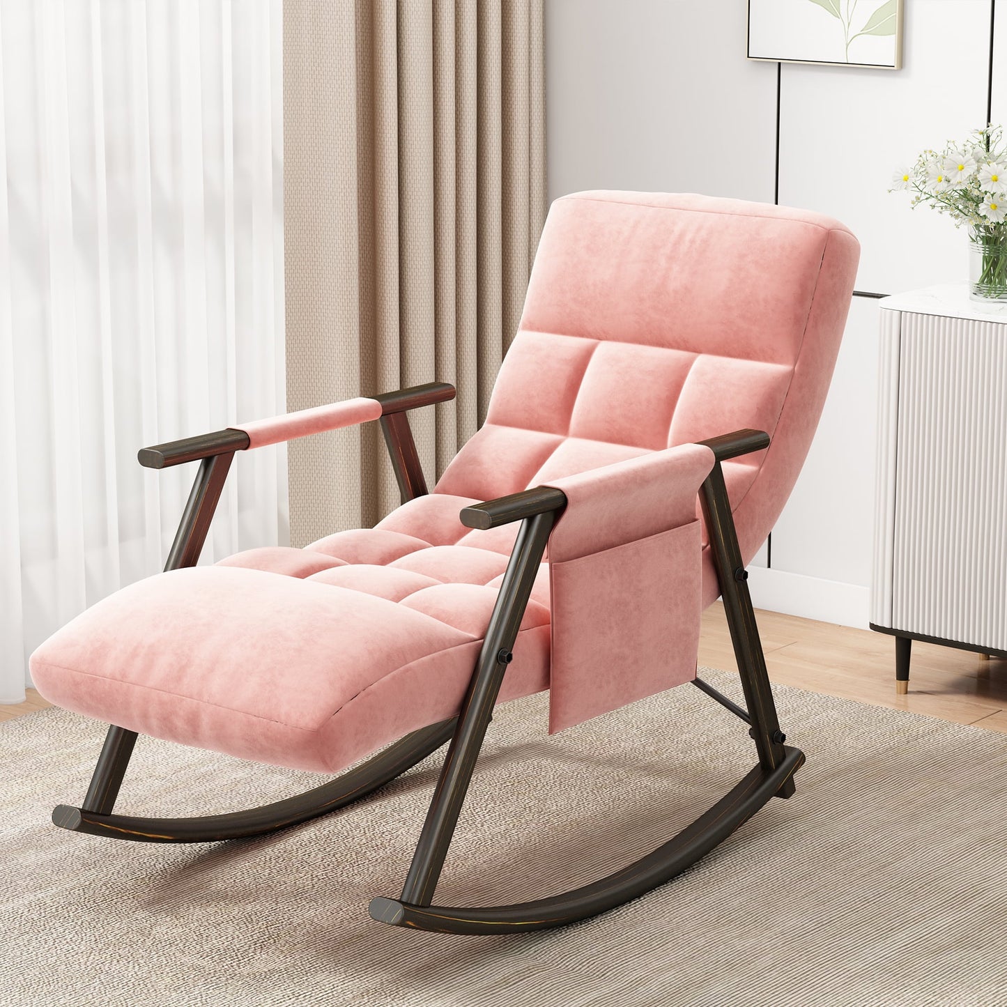 Muumblus Rocking Chaise Lounge Indoor, Upholstered Glider Rocking Chair, Adjustable Back and Footrest, Rocker Recliner for Living Room Bedroom, White Teddy