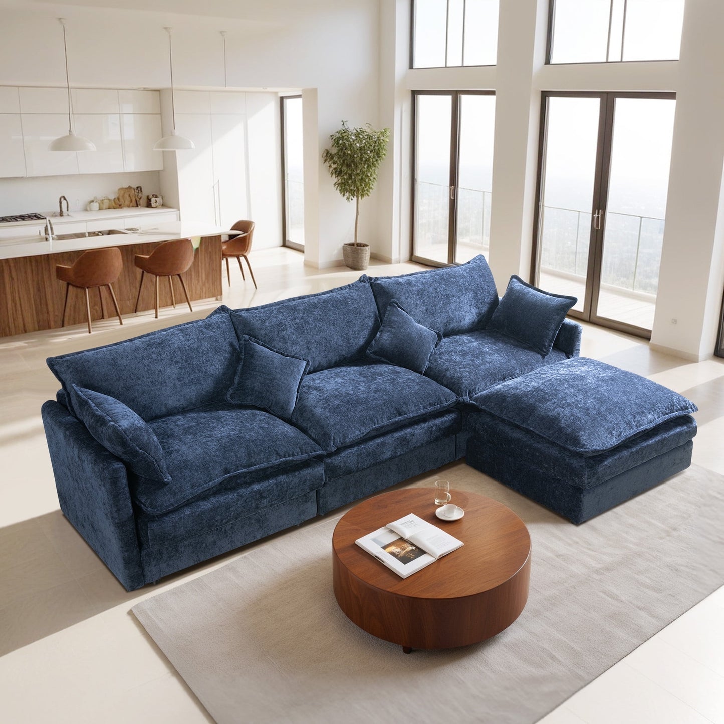 Muumblus Sectional Sofa Cloud Couch with Reversible Ottoman, L-Shaped Chenille Sofa for Living Rooms, Beige
