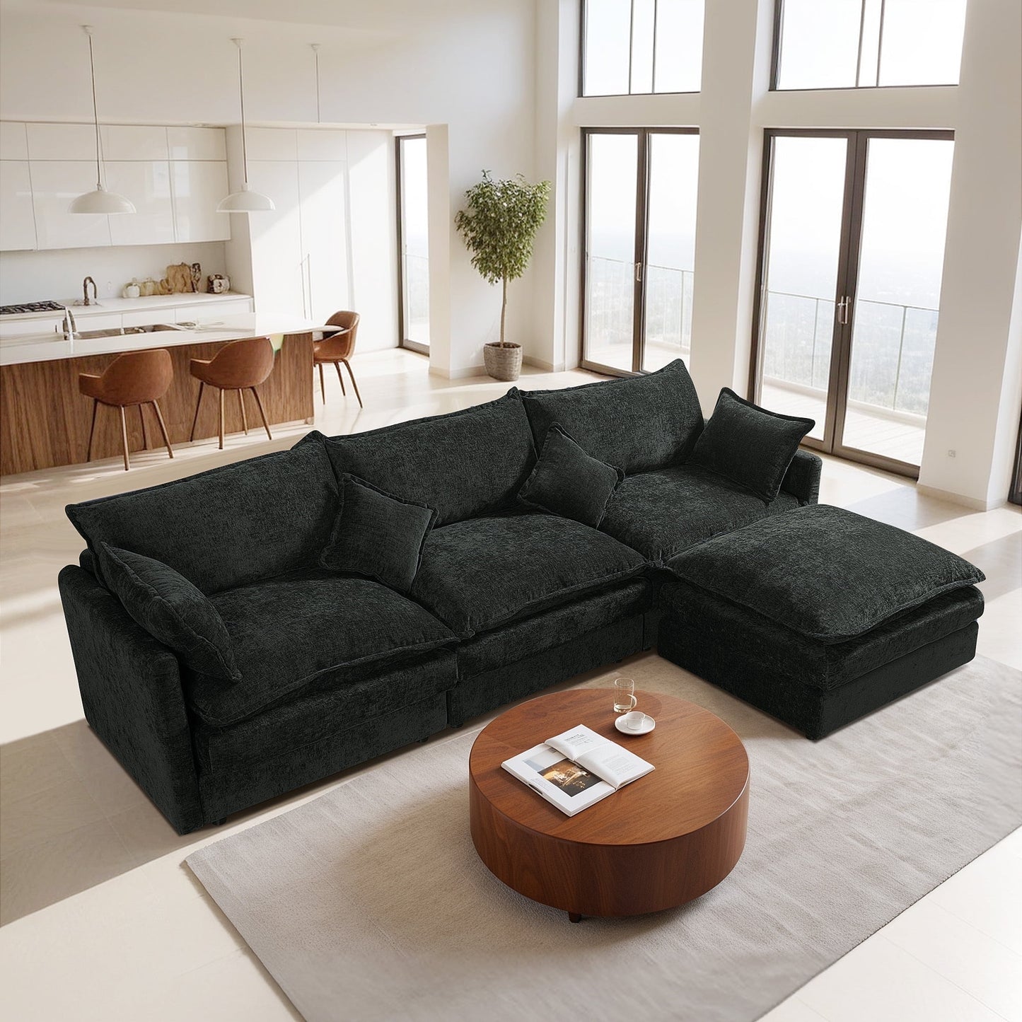 Muumblus Sectional Sofa Cloud Couch with Reversible Ottoman, L-Shaped Chenille Sofa for Living Rooms, Beige