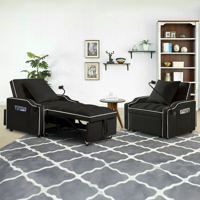 Muumblus Sleeper Sofa Chair Bed with Swivel Phone Stand, Cup Holders, 3-in-1 Convertible Pull Out Sofa Bed for Living Room, Black Velvet