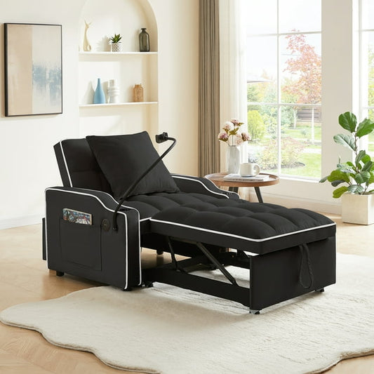 Muumblus Sleeper Sofa Chair Bed with Swivel Phone Stand, Cup Holders, 3-in-1 Convertible Pull Out Sofa Bed for Living Room, Black Velvet