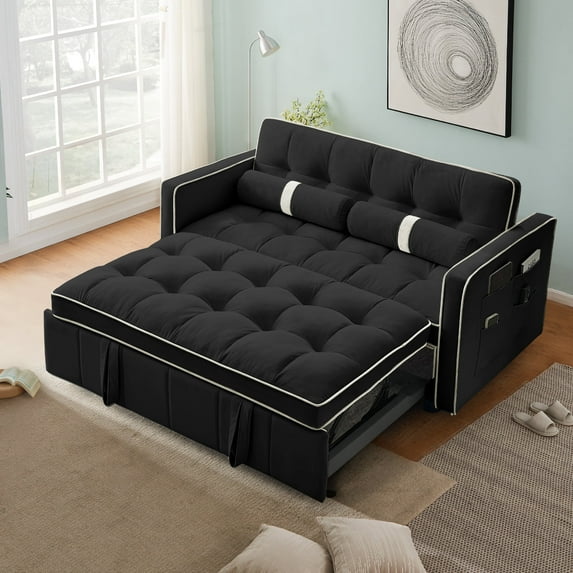 Muumblus 55.5" Pull Out Sleep Sofa Bed 2 Seater Loveseats Convertible Futon Sofa Bed with Adjsutable Backrest, Modern Velvet Sofa Couch for Living Room, Beige