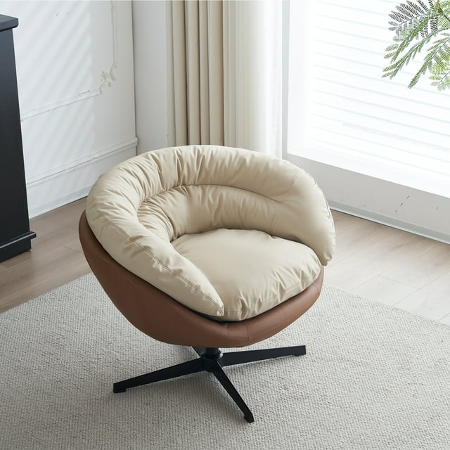 Muumblus Swivel Accent Chair, Leather Barrel Chair for Bedroom, Mid Century Modern Living Room Swivel Chair, Comfy Reading Armchair, ( White and Camel)
