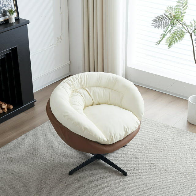 Muumblus Swivel Accent Chair, Leather Barrel Chair for Bedroom, Mid Century Modern Living Room Swivel Chair, Comfy Reading Armchair, ( White and Camel)
