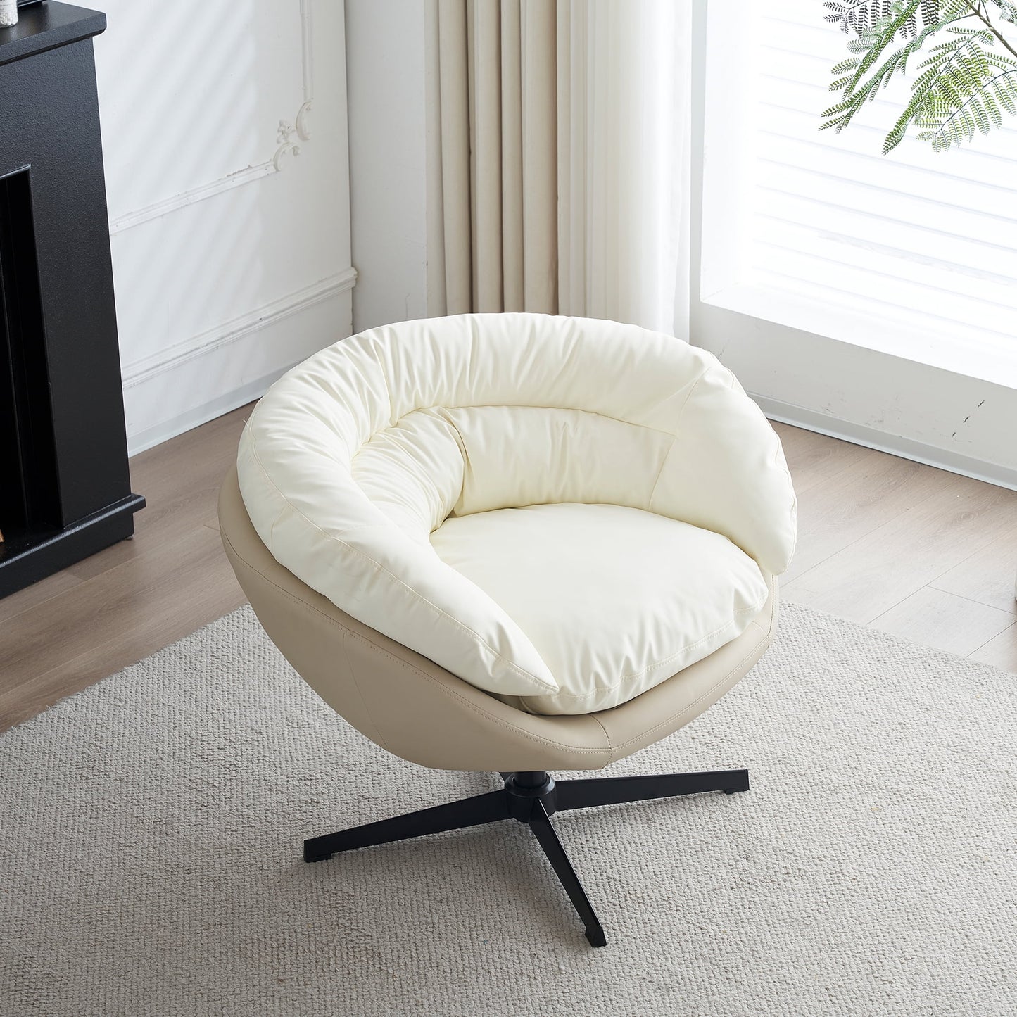 Muumblus Swivel Accent Chair, Leather Barrel Chair for Bedroom, Mid Century Modern Living Room Swivel Chair, Comfy Reading Armchair, ( White and Camel)