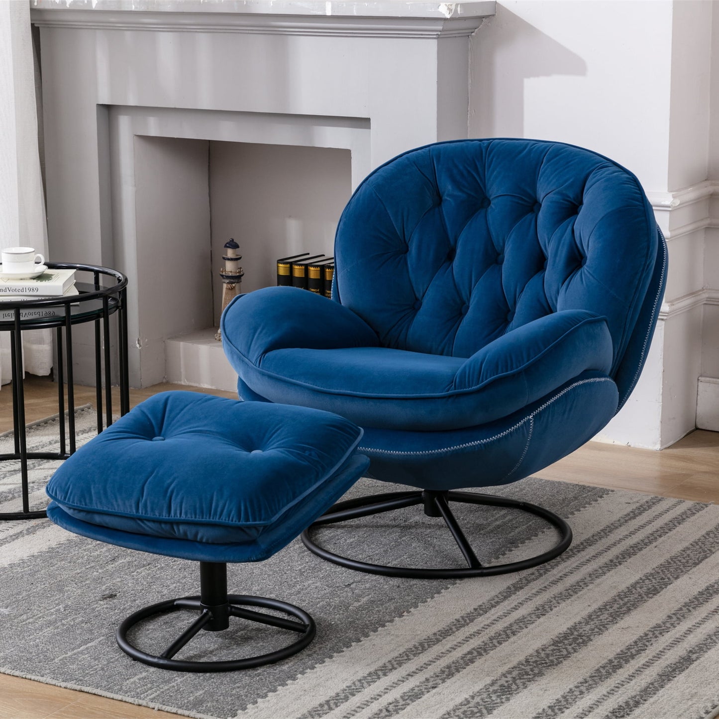 Muumblus Swivel Accent Chair with Ottoman, Modern Velvet Lounge Chair with Footrest, Comfy Armchair with 360 Degree Swiveling for Living Room, Blue