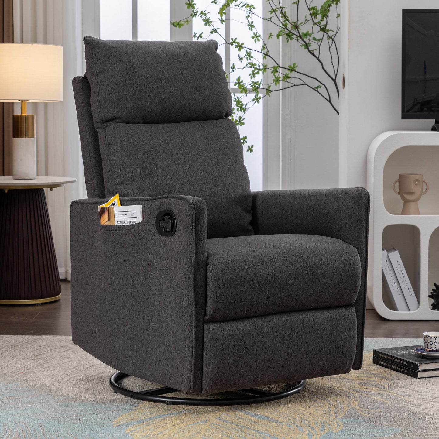 Muumblus Swivel Glider Rocker Recliner Chair for Nuresery, Tall Back Upholstered Home Theater for Living Room, Gray Linen