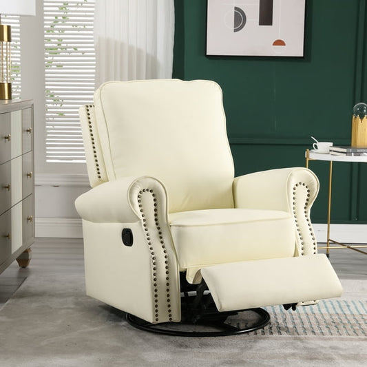 Muumblus Swivel Glider Rocker Recliner, Faux Leather Upholstered Glider Rocking Chair in Beige