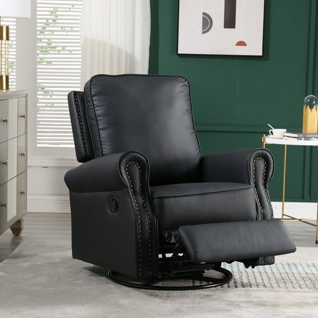 Muumblus Swivel Glider Rocker Recliner, Faux Leather Upholstered Glider Rocking Chair in Beige