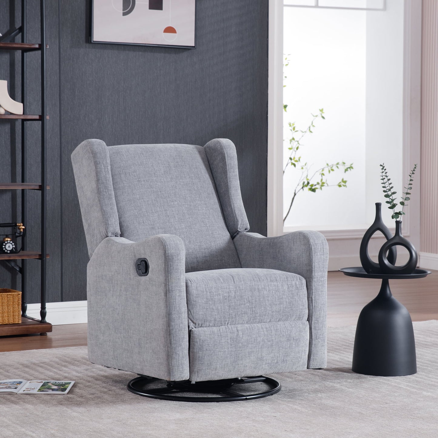 Muumblus Swivel Glider Rocking Chair for Nursery, Wingback Upholstered Glider Rocker in Ivory Chenille Fabric