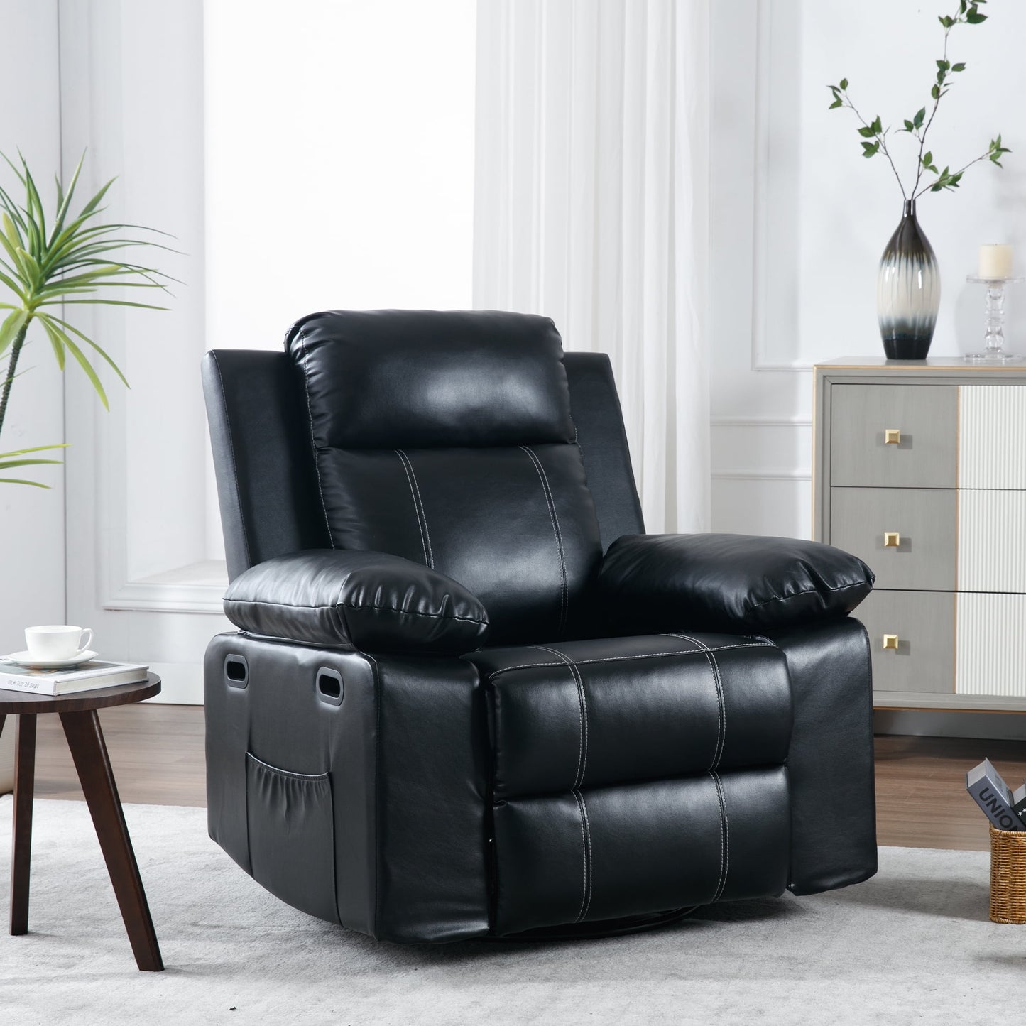 Muumblus Swivel Rocker Recliner with Heat and Massage, Power Recliner Chair for Living Room, Black Faux Leather