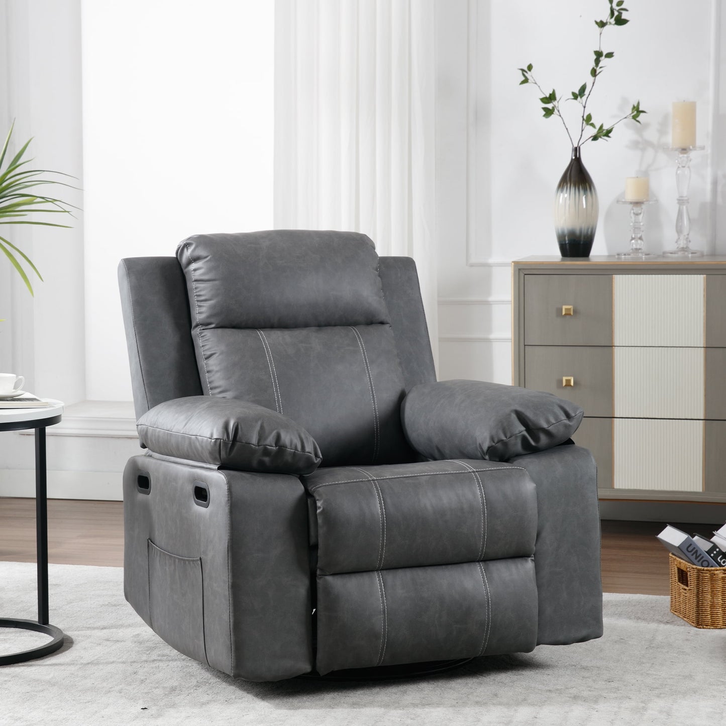 Muumblus Swivel Rocker Recliner with Heat and Massage, Power Recliner Chair for Living Room, Black Faux Leather