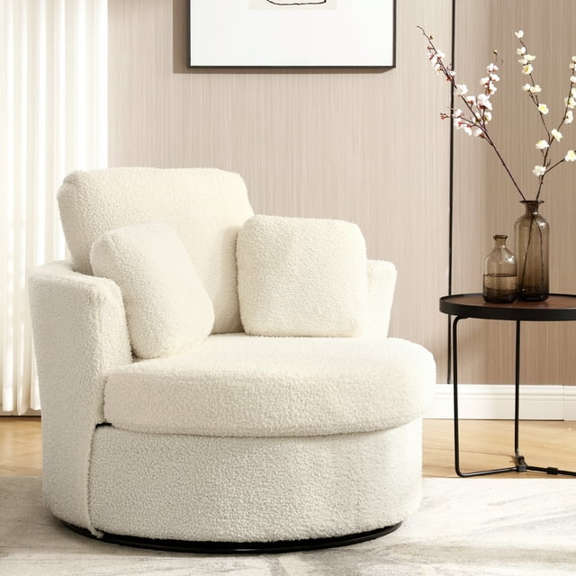 Muumblus Teddy Swivel Accent Chair Barrel Chair, Oversized Comfy Armchair with Pillows, Modern Leisure Sofa Chair for Living Room Bedroom, Ivory