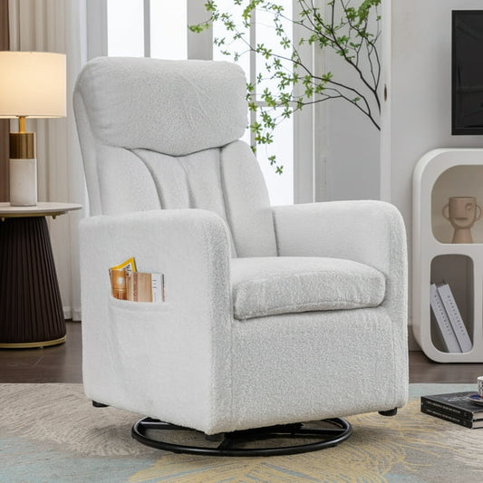 Muumblus Teddy Swivel Rocking Chair for Baby Nursery, Tall Back Glider Rocker with Pocket, White