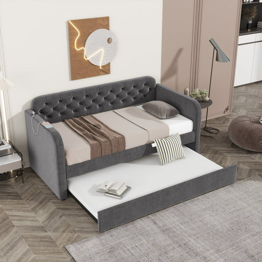 Muumblus Twin Size Daybed with Trundle Bed with USB Ports, Modern Velvet Tufted Bed Frame for Bedroom, Not Box Spring Required, Dark Gray