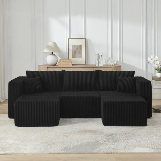 Muumblus U-Shaped Modular Sectional Sofa with 2 Movable Ottomans, Boneless Cloud Couch, No Assembly Sofa Set for Small Spaces, Living Room, Black Corduroy