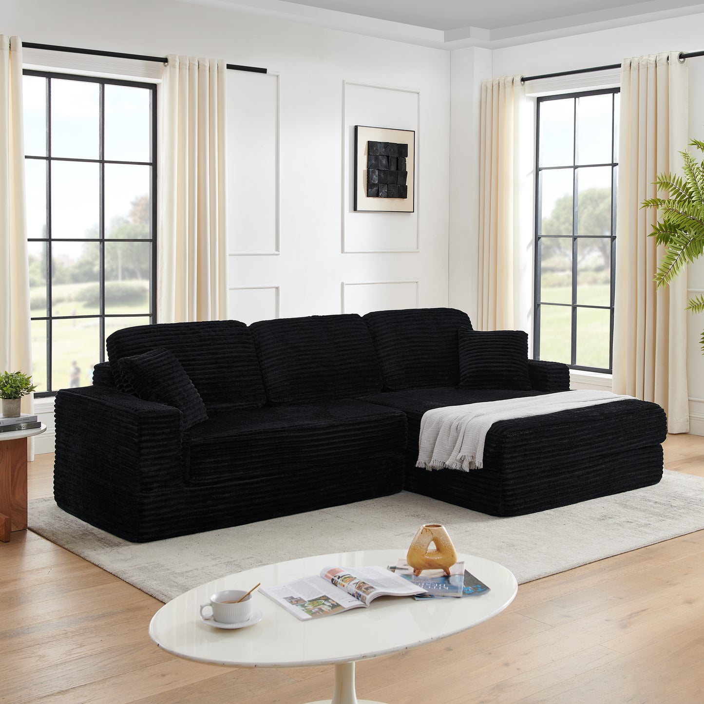 Muumblus 112" Oversized Modular Sectional Sleeper Sofa, L-Shaped Convertible Sofa Bed, Boneless Cloud Couch for Living Room, Black (Right Facing Chaise)